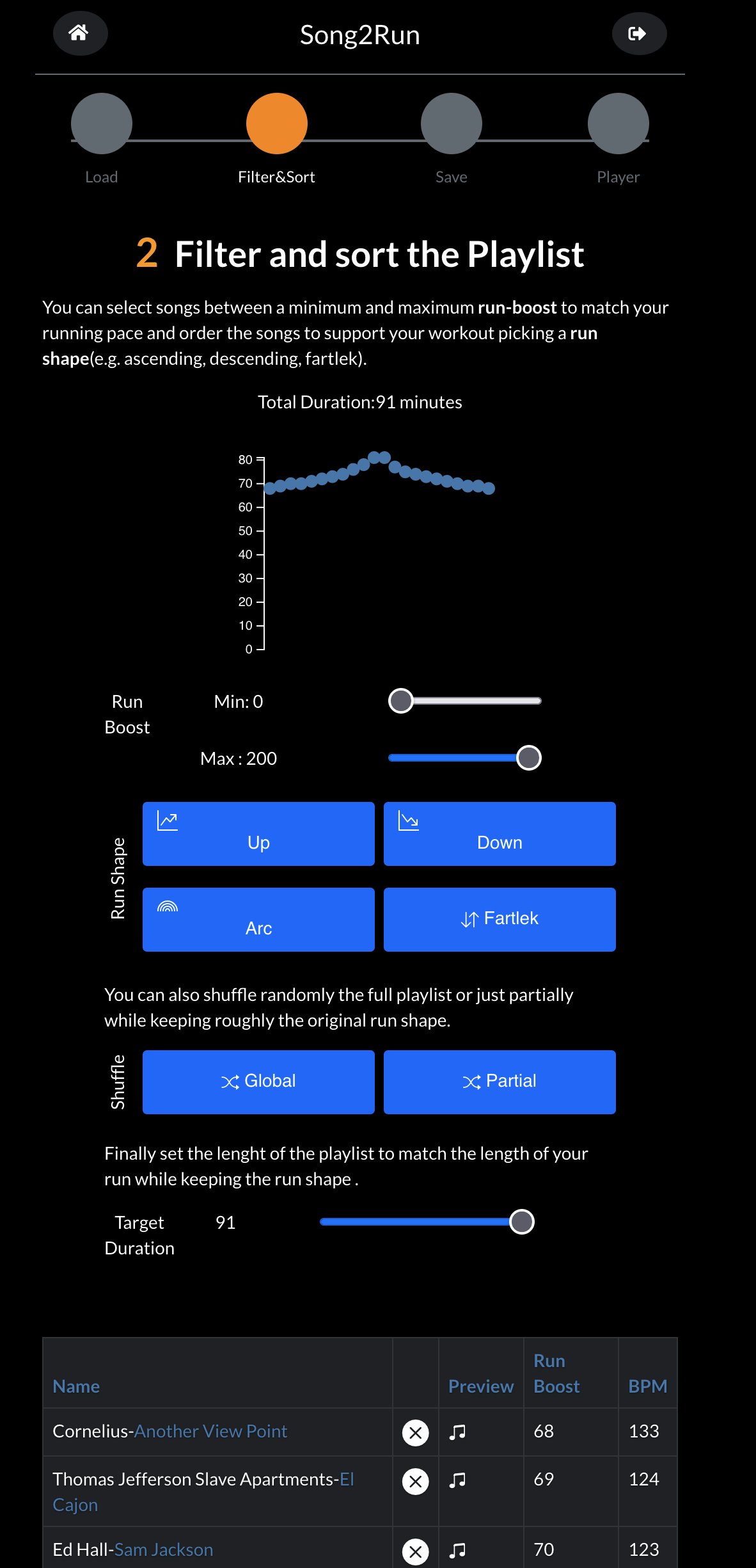 Filter and sort interface showing duration slider and intensity pattern buttons including Progressive, Fartlek, and Arc options