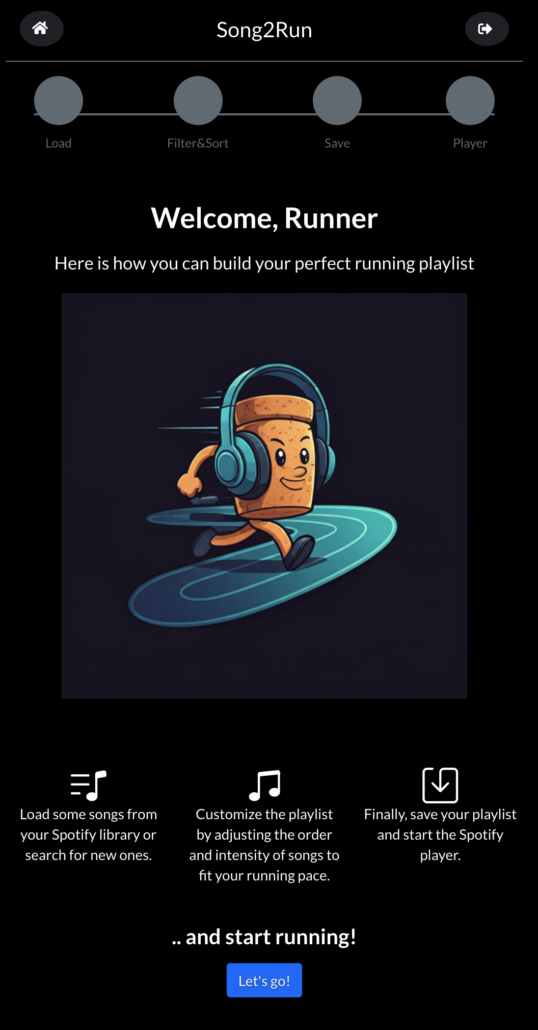 Song2Run homepage showing the main dashboard with 'Let's go' button and Spotify connection