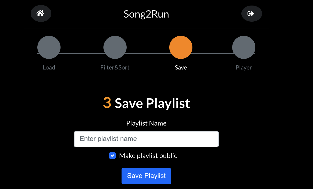 Save playlist screen with name input field and save button, showing sync to Spotify option