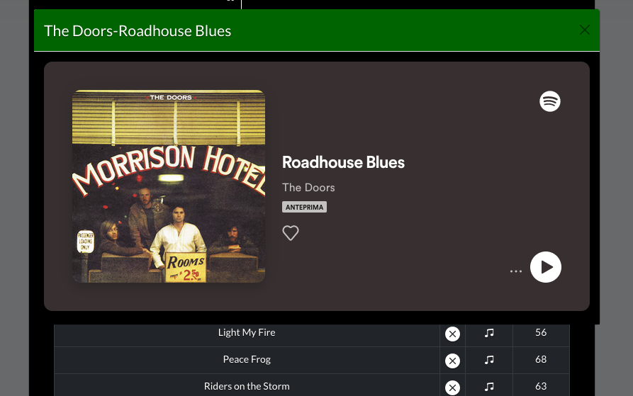 Song metadata modal showing detailed information including BPM, energy, danceability, with preview and Spotify link buttons