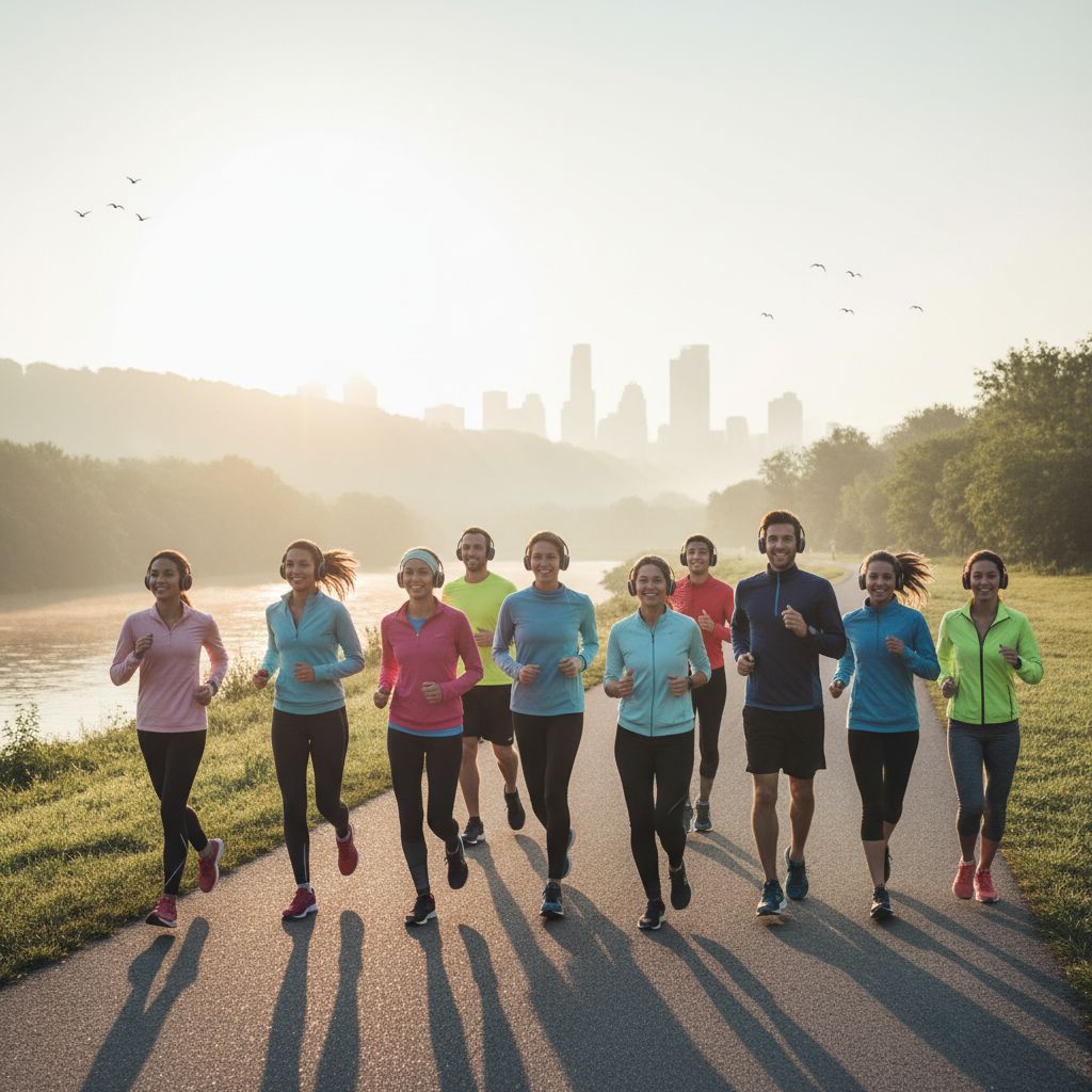 Diverse group of runners with headphones enjoying their run together