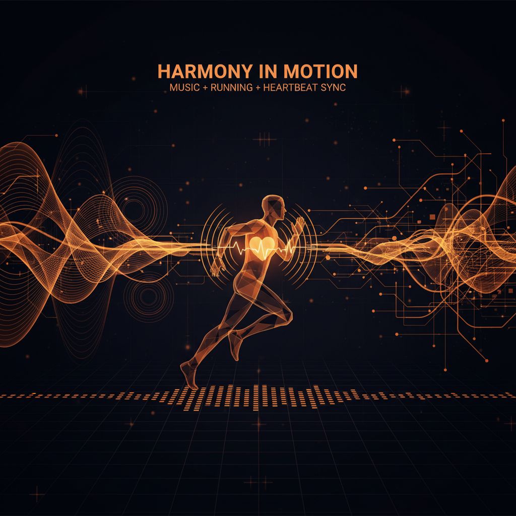 Visual representation of music waveforms synchronizing with running rhythm and heart rate