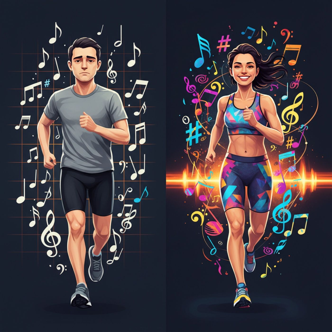 Comparison showing frustrated runner with generic playlist vs energized runner with personalized music