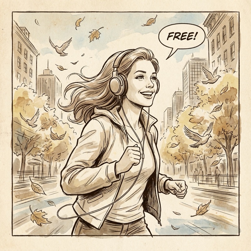 Jane running happily with headphones