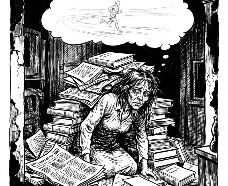 Jane stressed with books and laptop